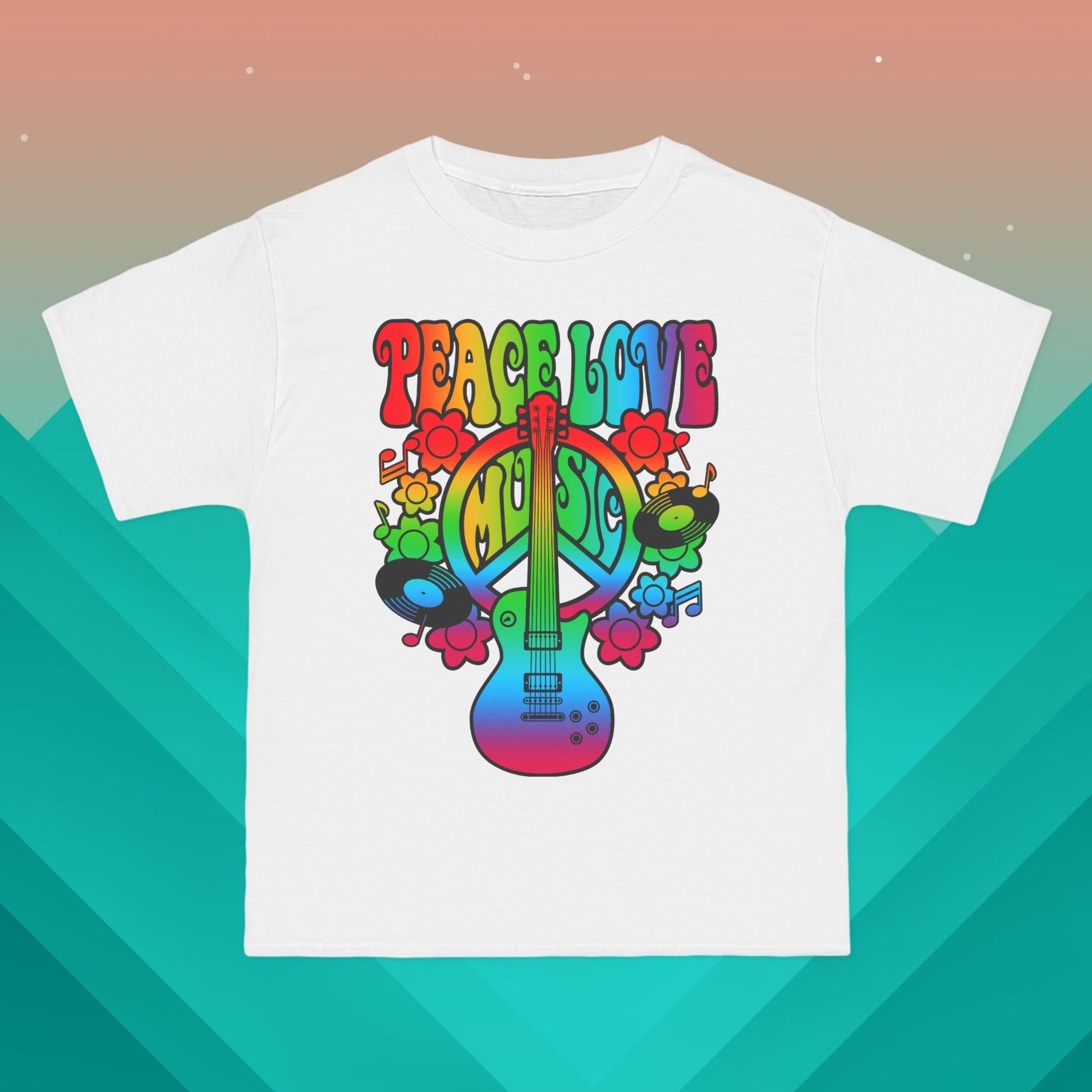 Peace Love Music Hippie T-Shirt: (Hanes Beefy-T 100% Preshrunk Cotton Custom Printed by TheGlassyLass.com