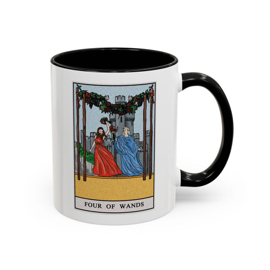 Four of Wands Tarot Card Coffee Mug - Double Sided Print, Black Accent White Ceramic, 11oz by TheGlassyLass.com