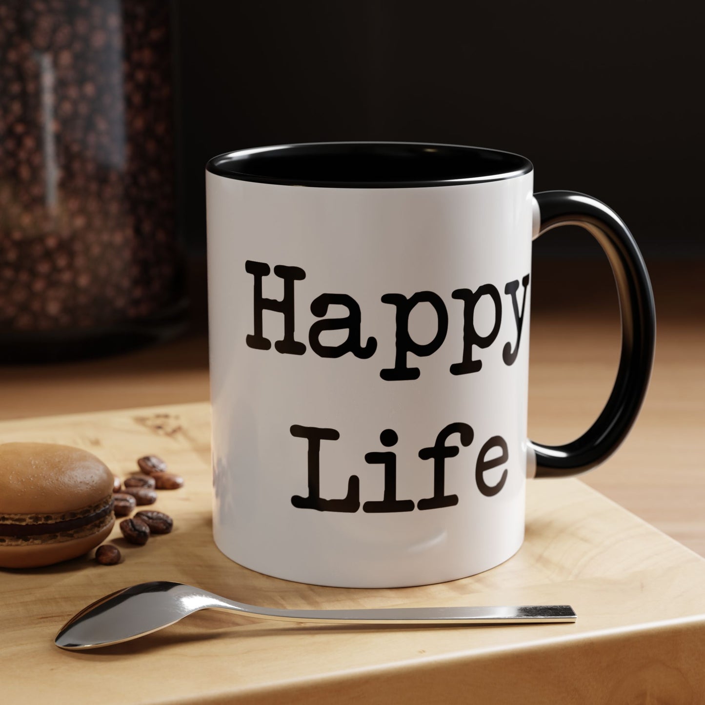 Happy Wife Happy Life Coffee Mug - Double Sided Black Accent White Ceramic 11oz by TheGlassyLass.com