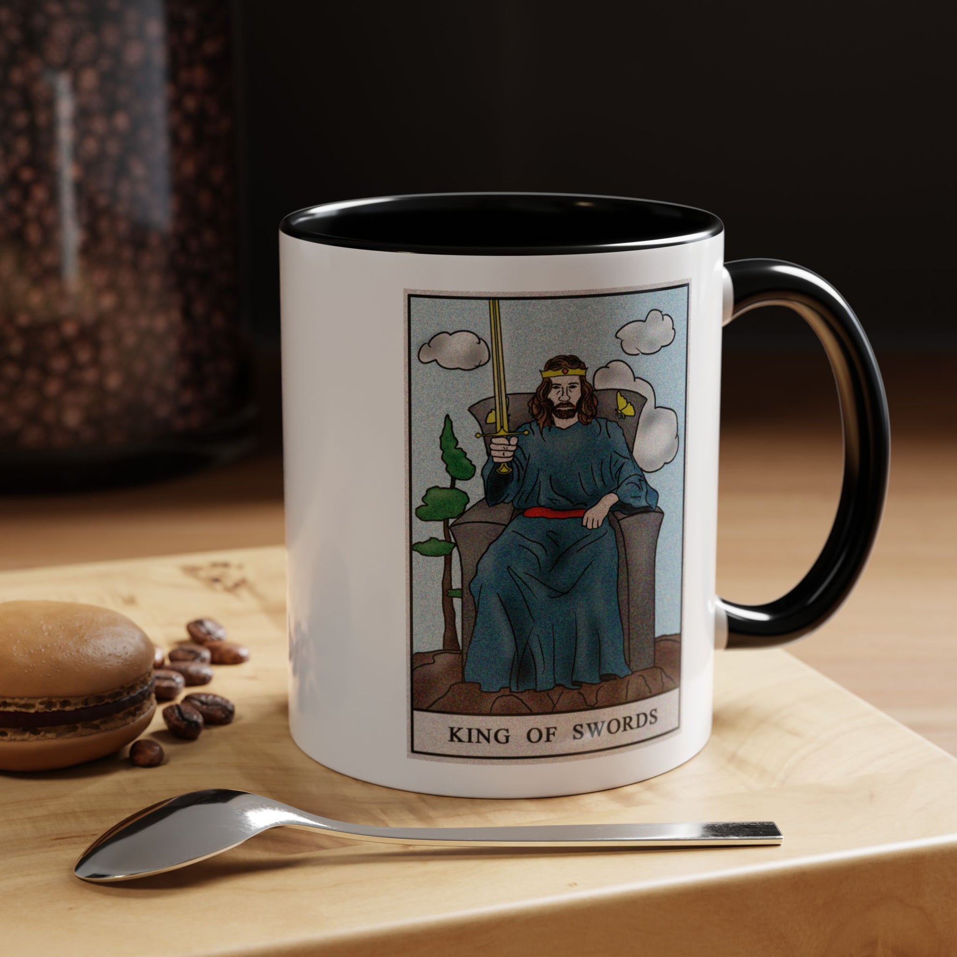 King of Swords Tarot Card Coffee Mug - Double Sided Print, Black Accent White Ceramic, 11oz by TheGlassyLass.com