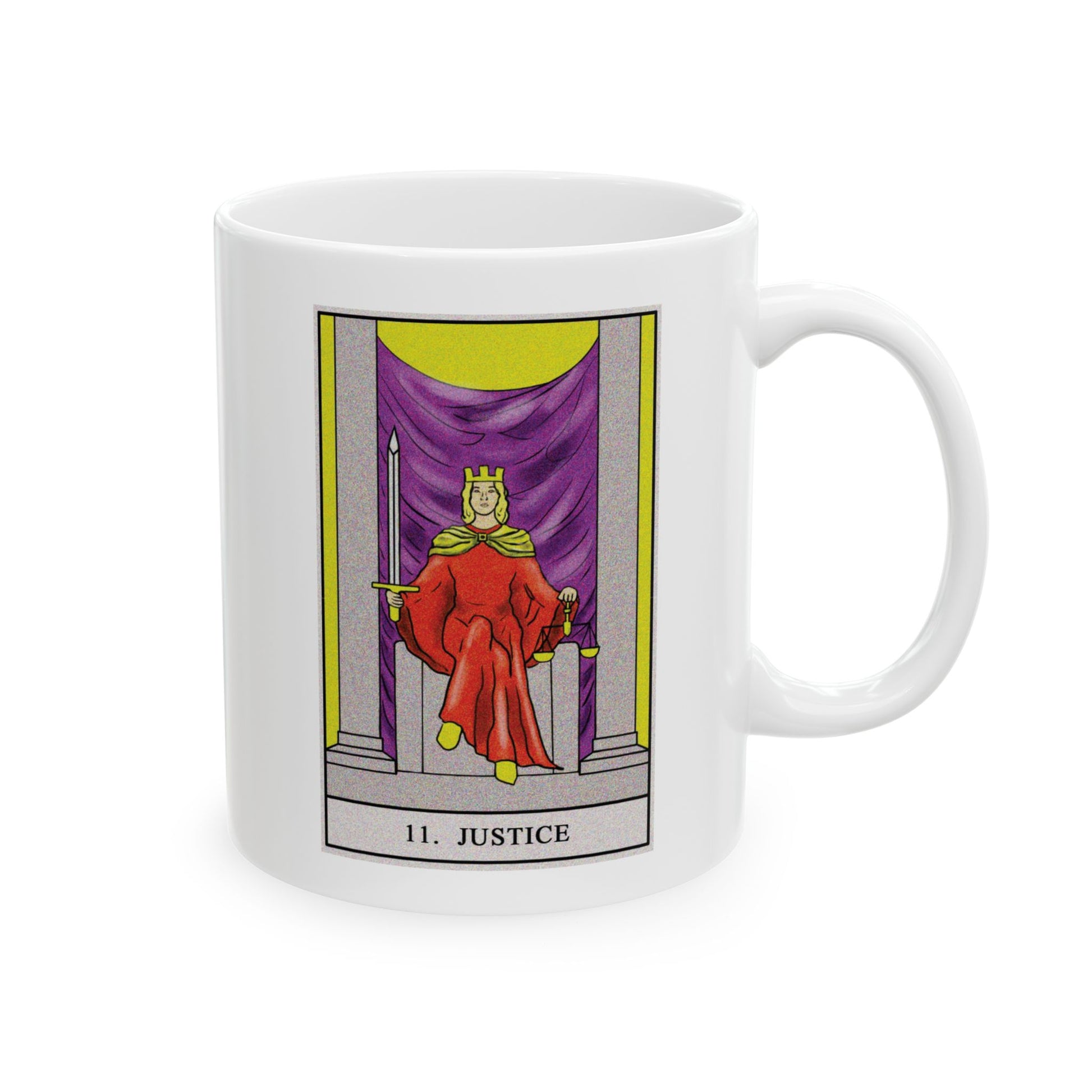 Justice Tarot Card Coffee Mug - Double Sided Print, White Ceramic, 11oz by TheGlassyLass.com