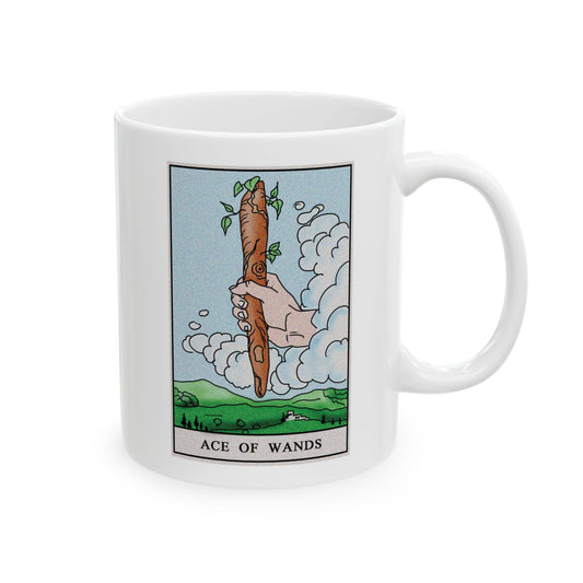 Ace of Wands Tarot Card Coffee Mug - Double Sided Print, White Ceramic, 11oz by TheGlassyLass.com