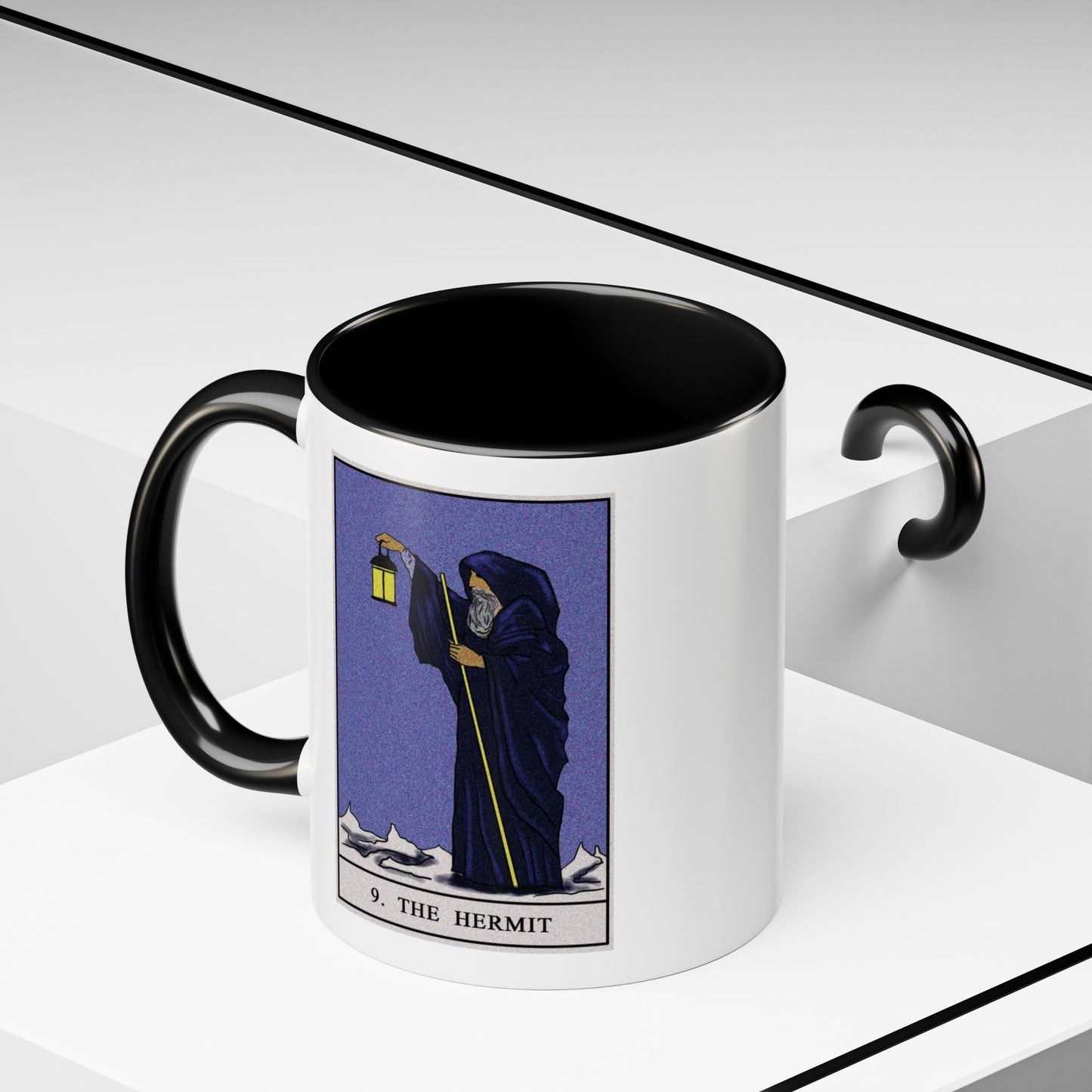 The Hermit Tarot Card Coffee Mug - Double Sided Print, Black Accent White Ceramic, 11oz by TheGlassyLass.com
