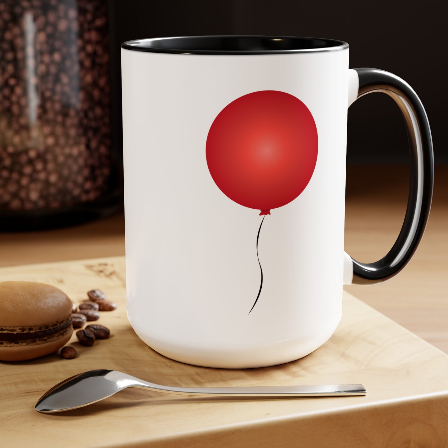 Red Balloon Coffee Mug - Double Sided Black Accent White Ceramic 15oz by TheGlassyLass.com