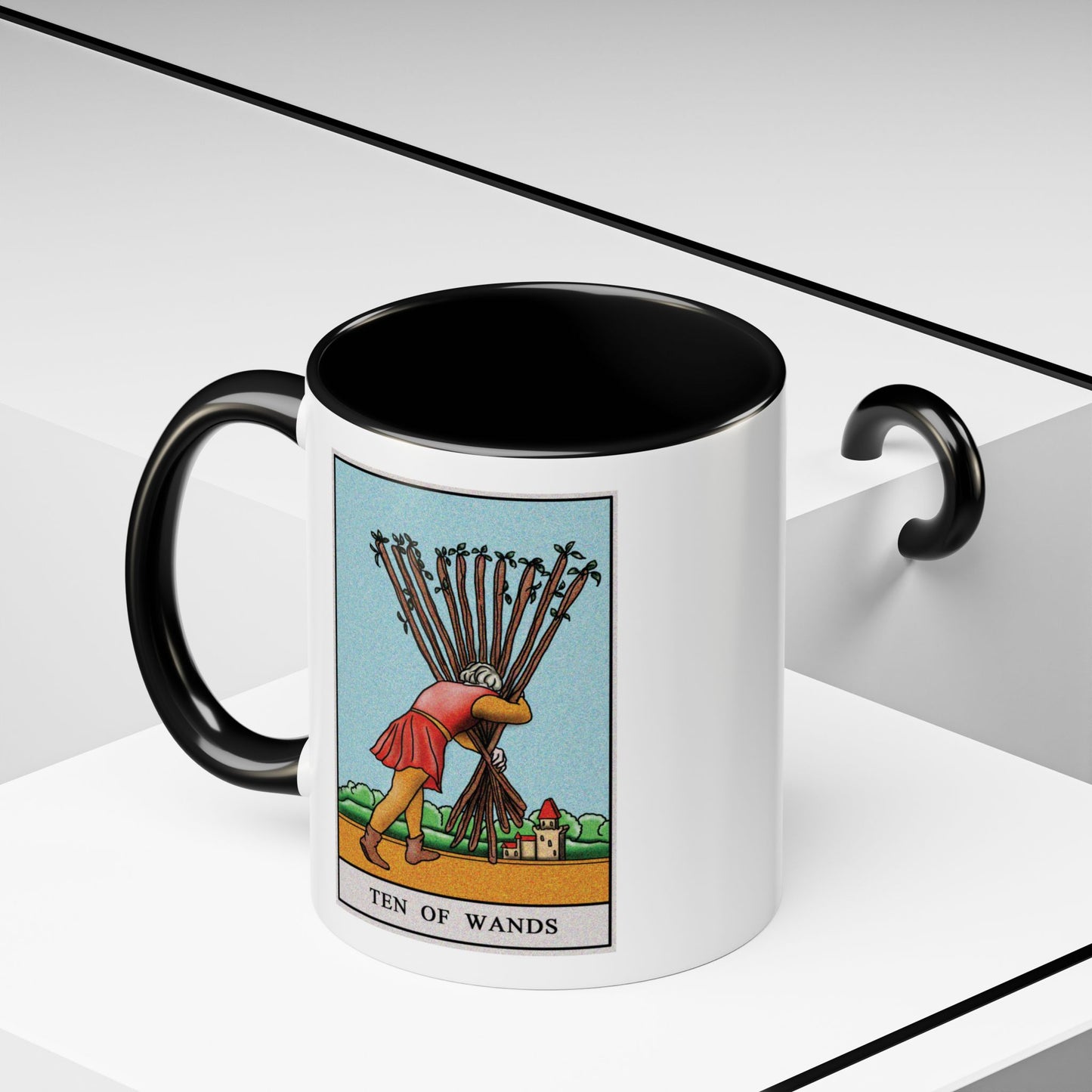 Ten of Wands Tarot Card Coffee Mug - Double Sided Print, Black Accent White Ceramic, 11oz by TheGlassyLass.com