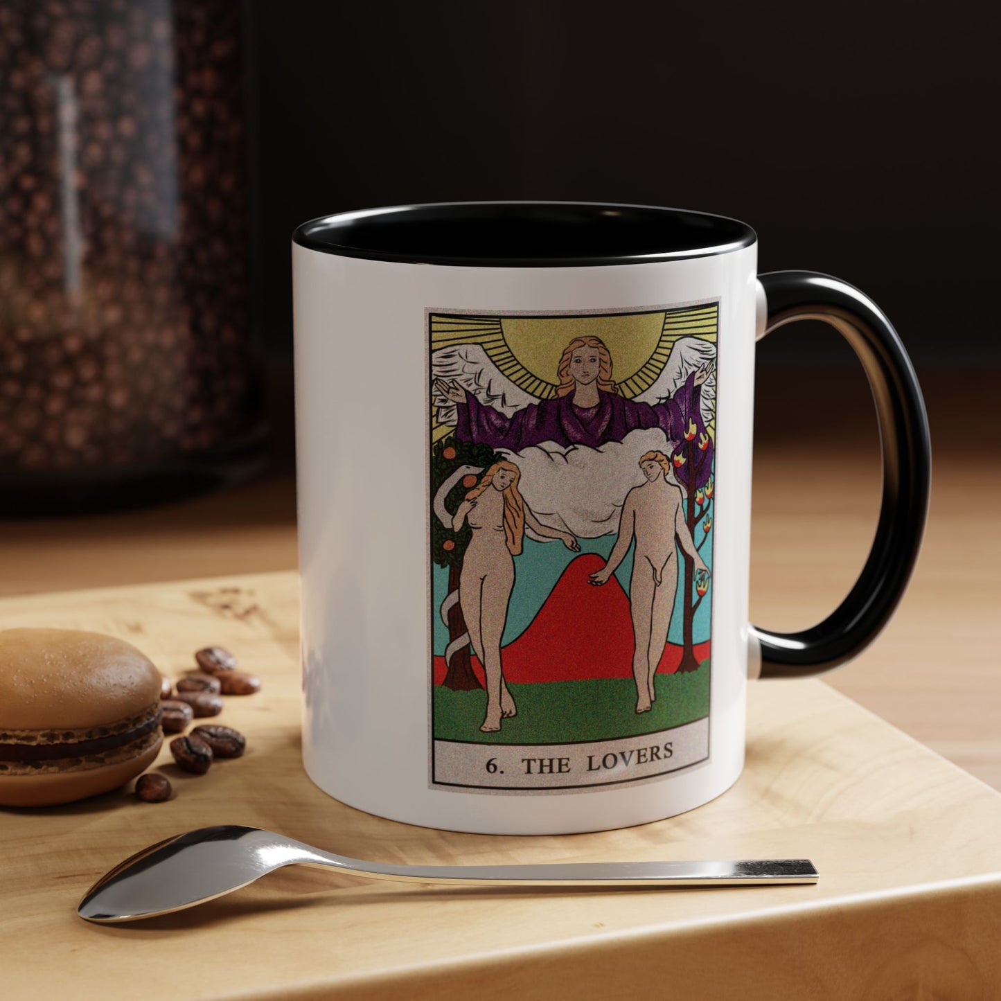 The Lovers Tarot Card Coffee Mug - Double Sided Print, Black Accent White Ceramic, 11oz by TheGlassyLass.com