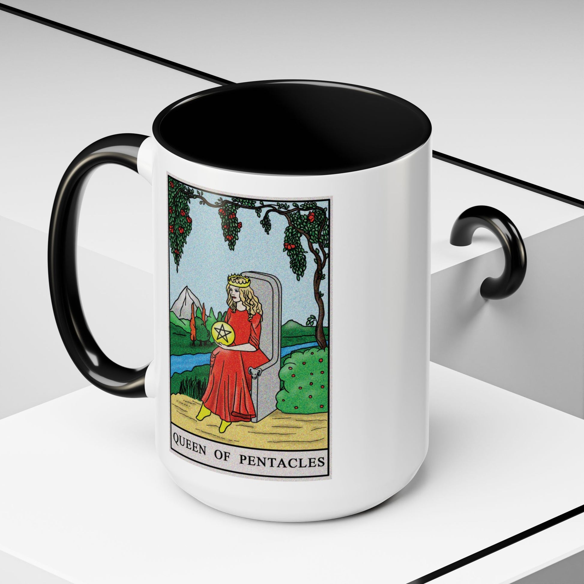 Queen of Pentacles Tarot Card Coffee Mug - Double Sided Black Accent White Ceramic 15oz by TheGlassyLass.com