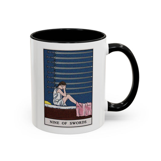 Nine of Swords Tarot Card Coffee Mug - Double Sided Print, Black Accent White Ceramic, 11oz by TheGlassyLass.com