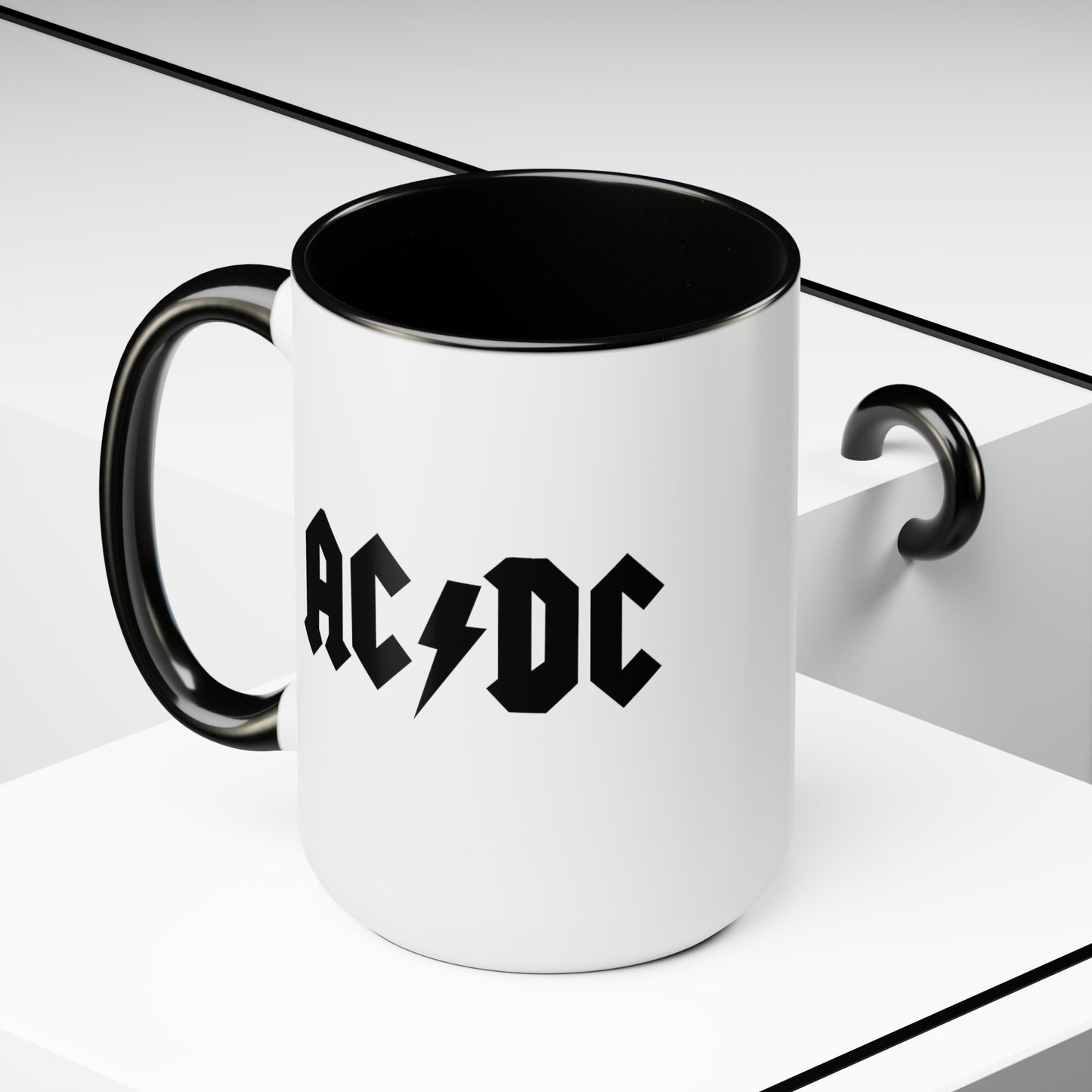 AC DC Coffee Mug - Double Sided Black Accent White Ceramic 15oz by TheGlassyLass