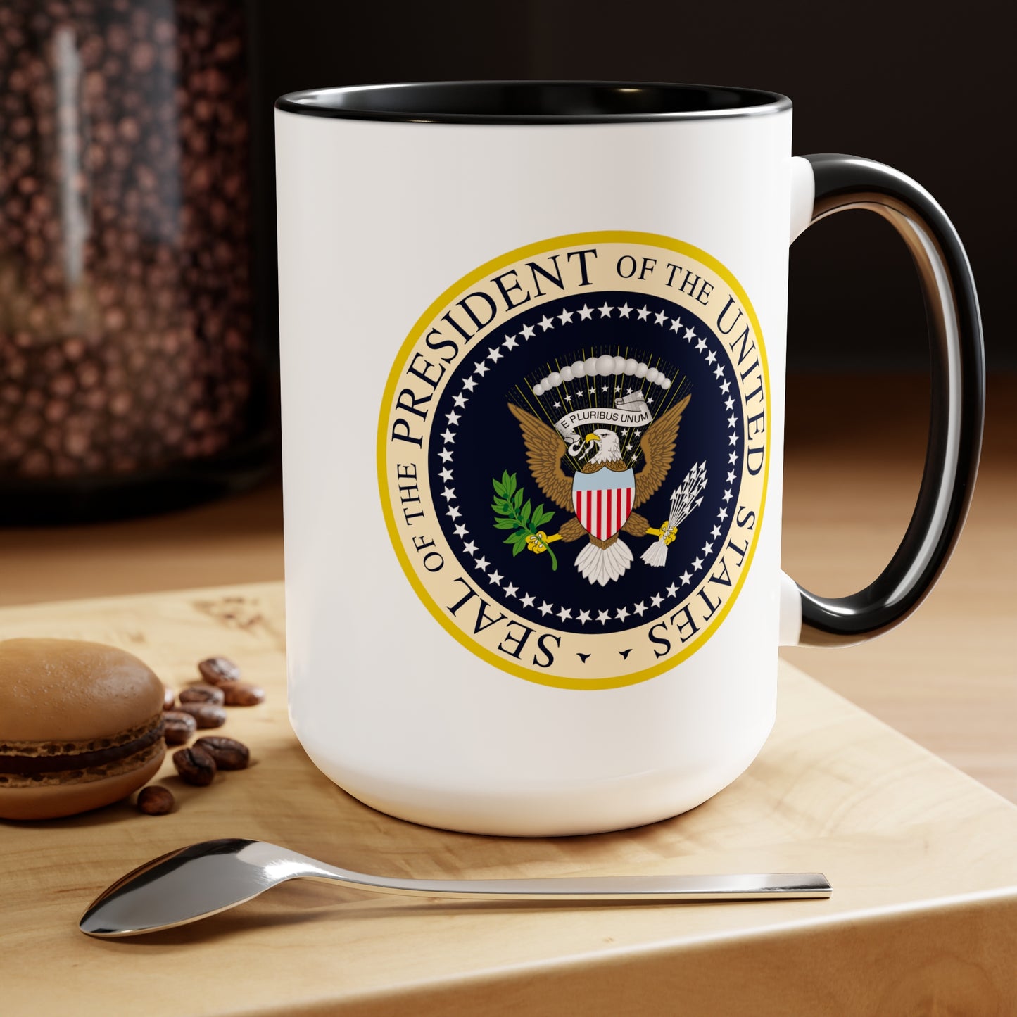 Presidential Seal Coffee Mug - Double Sided Black Accent White Ceramic 15oz by TheGlassyLass