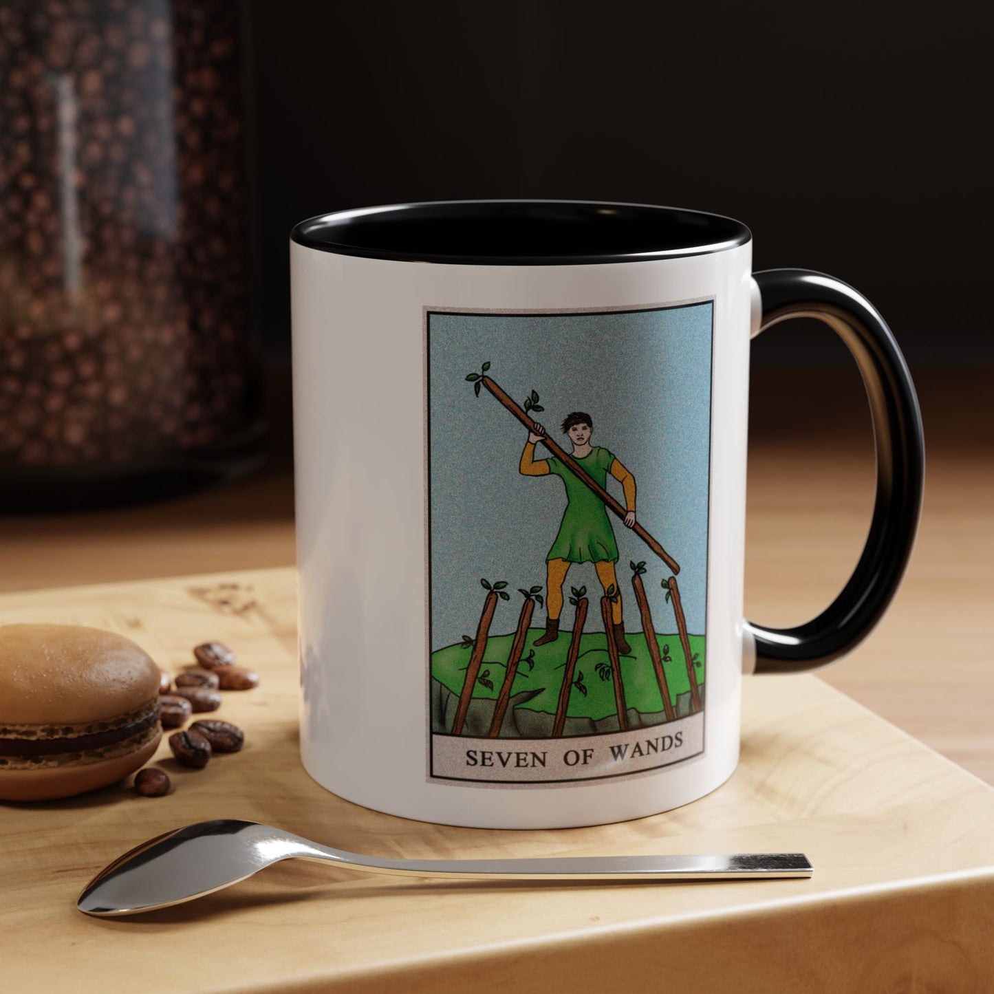 Seven of Wands Tarot Card Coffee Mug - Double Sided Print, Black Accent White Ceramic, 11oz by TheGlassyLass.com