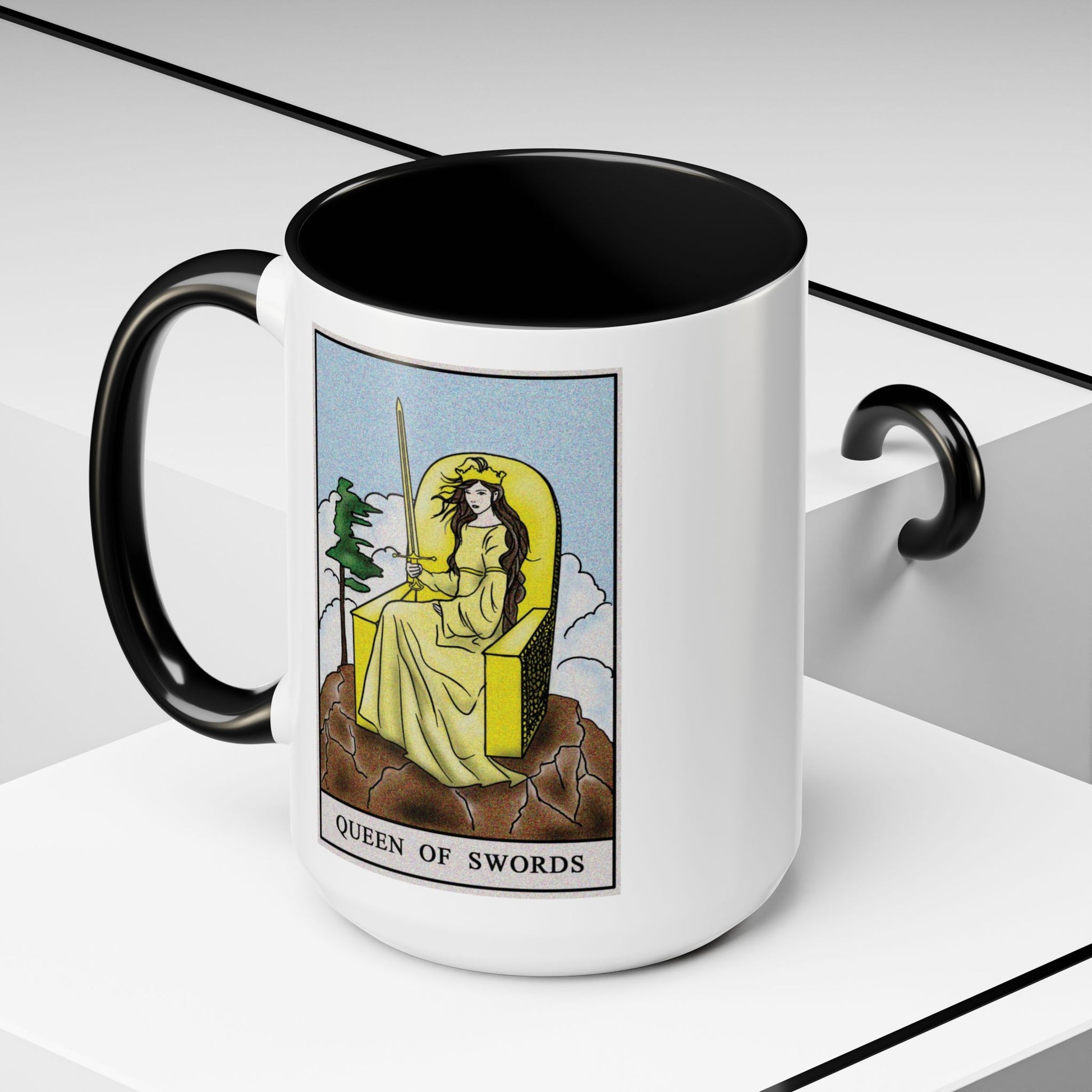 Queen of Swords Tarot Card Coffee Mug - Double Sided Black Accent White Ceramic 15oz by TheGlassyLass.com