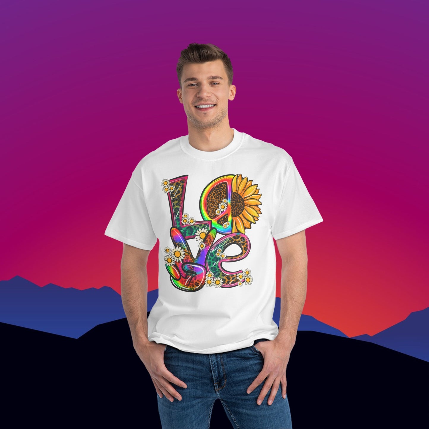 Peace Love & Flower Power T-Shirt: (Hanes Beefy-T 100% Preshrunk Cotton Custom Printed by TheGlassyLass.com