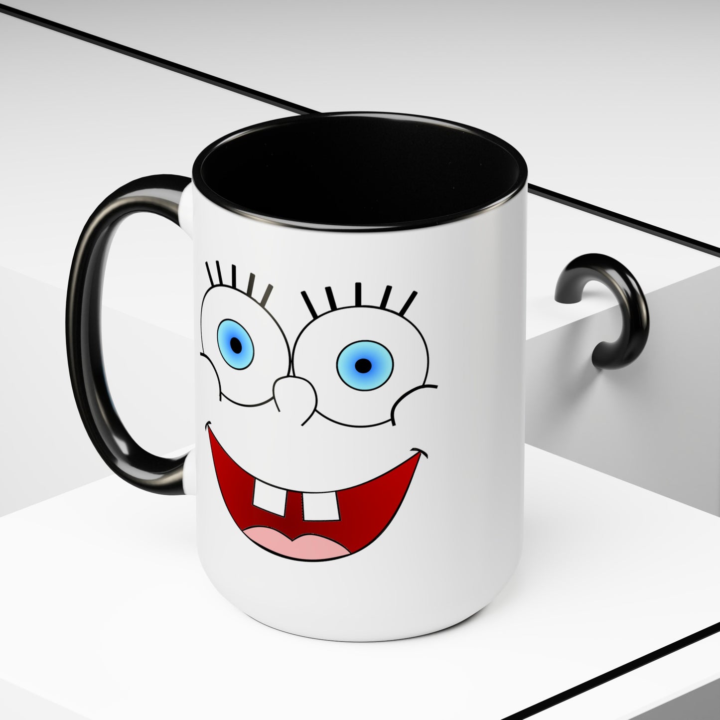 SpongeBob ish Coffee Mug - Double Sided Black Accent White Ceramic 15oz by TheGlassyLass.com