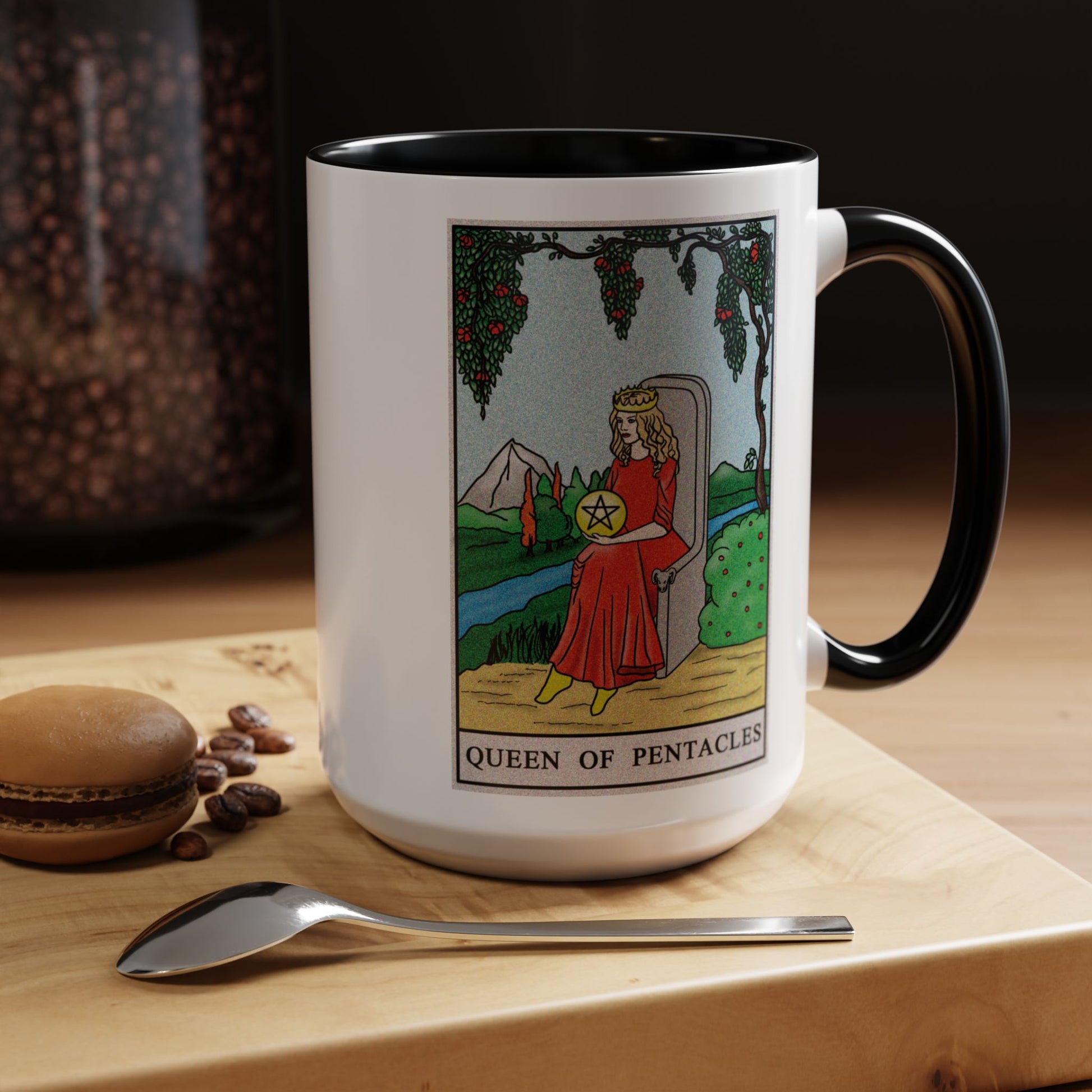 Queen of Pentacles Tarot Card Coffee Mug - Double Sided Black Accent White Ceramic 15oz by TheGlassyLass.com