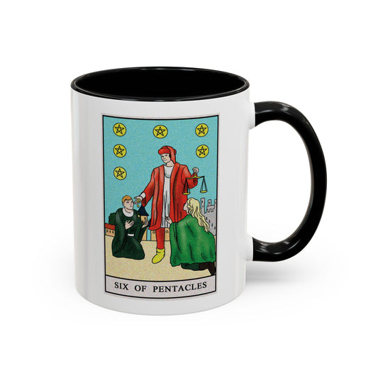 Six of Pentacles Tarot Card Coffee Mug - Double Sided Print, Black Accent White Ceramic, 11oz by TheGlassyLass.com