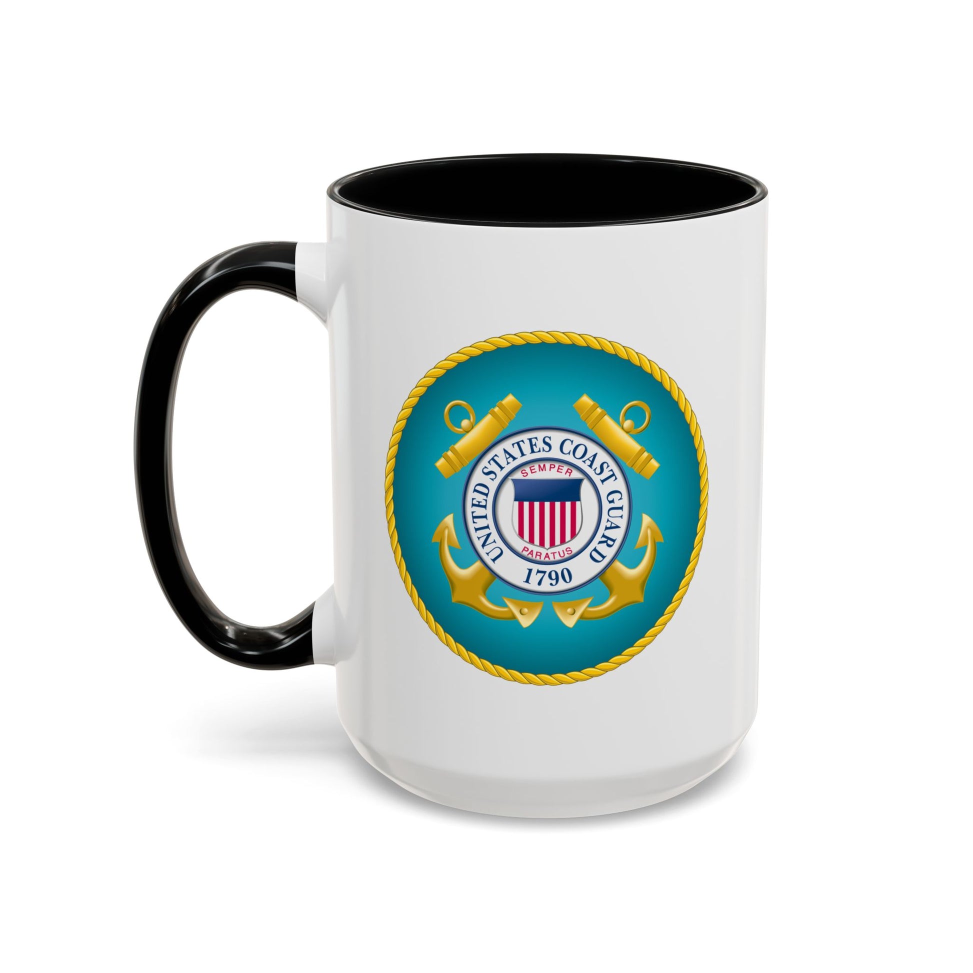 United States Coast Guard Seal Coffee Mug - Double Sided Print, Black Accent White Ceramic, 15oz by TheGlassyLass.com