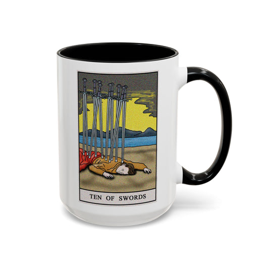 Ten of Swords Tarot Card Coffee Mug - Double Sided Black Accent White Ceramic 15oz by TheGlassyLass.com