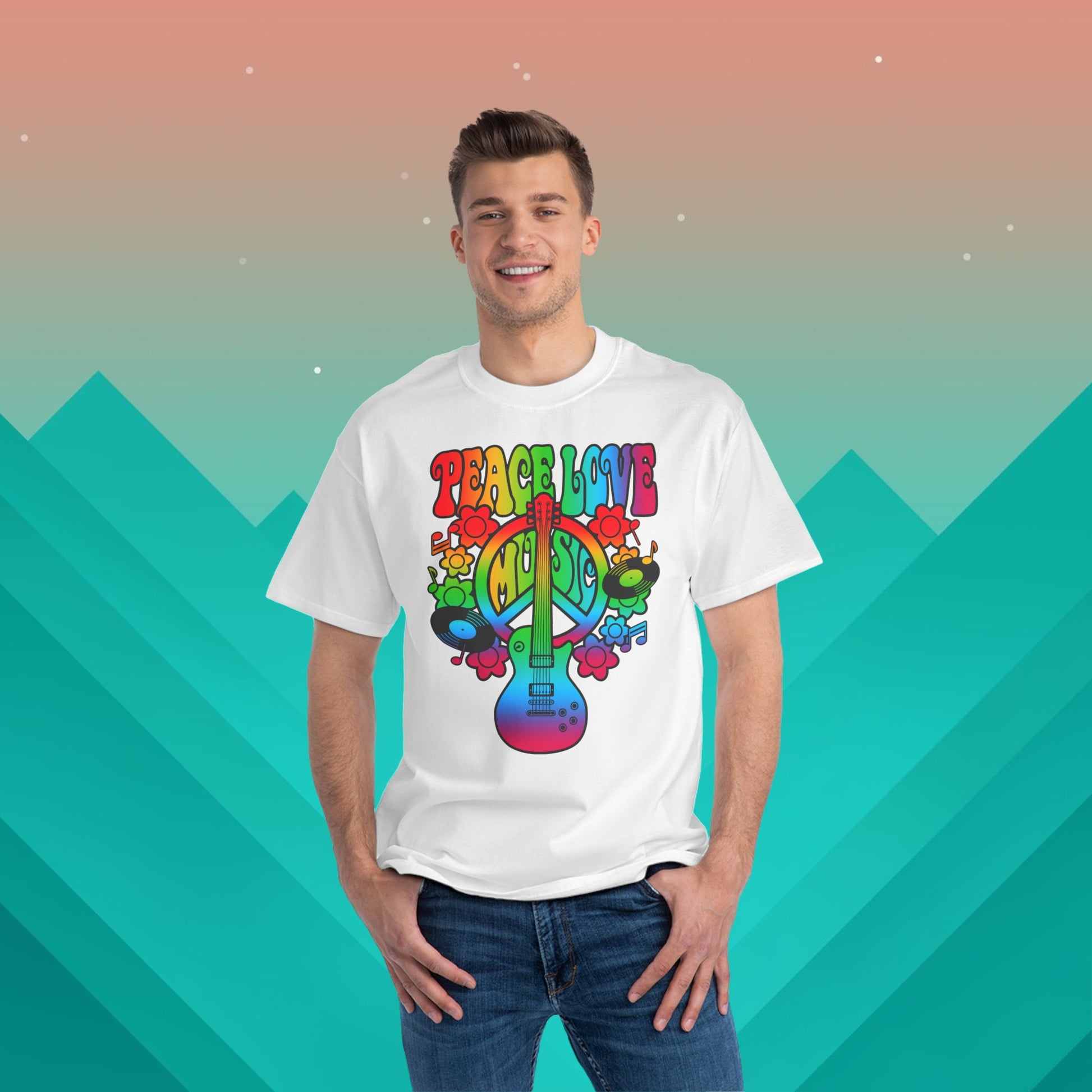 Peace Love Music Hippie T-Shirt: (Hanes Beefy-T 100% Preshrunk Cotton Custom Printed by TheGlassyLass.com