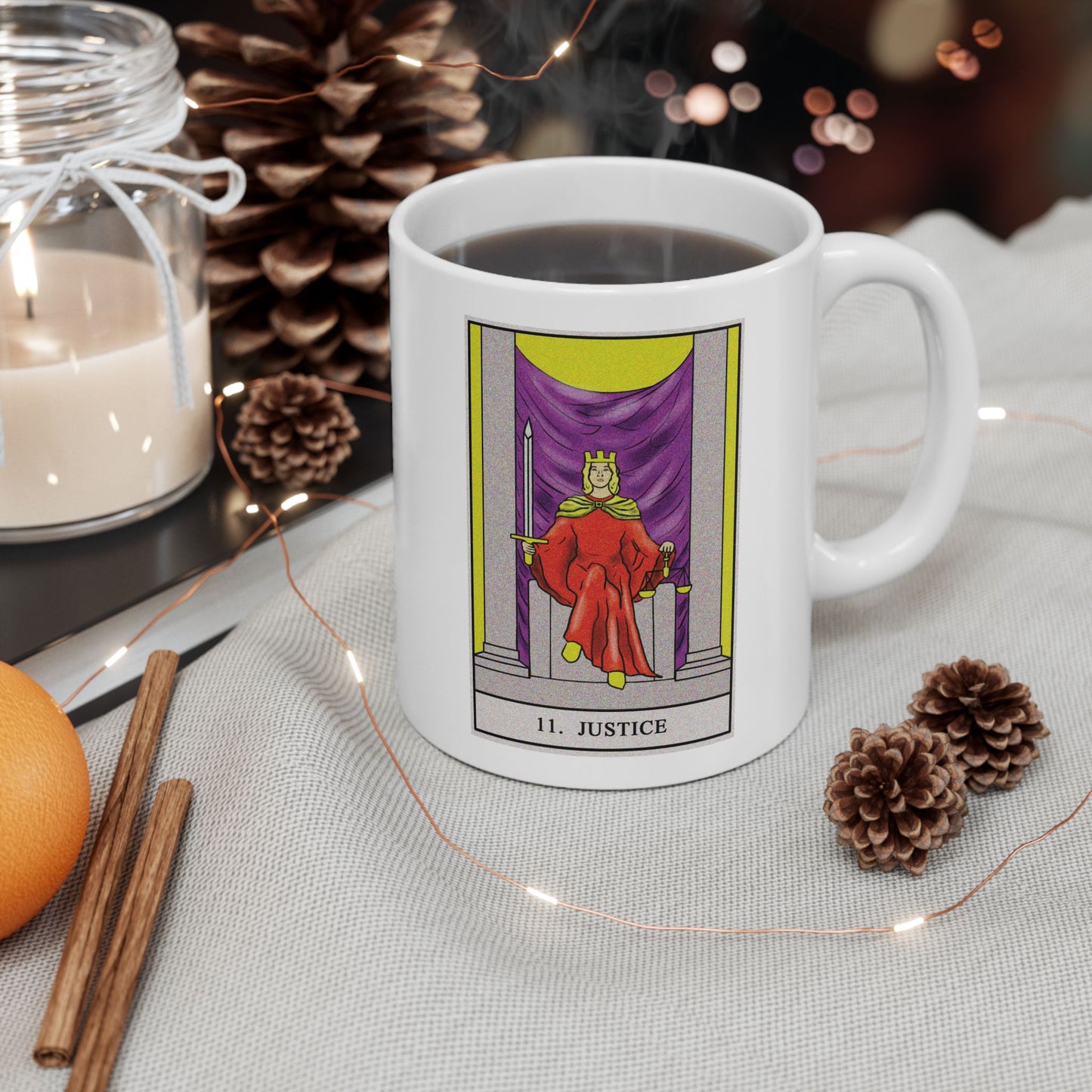 Justice Tarot Card Coffee Mug - Double Sided Print, White Ceramic, 11oz by TheGlassyLass.com