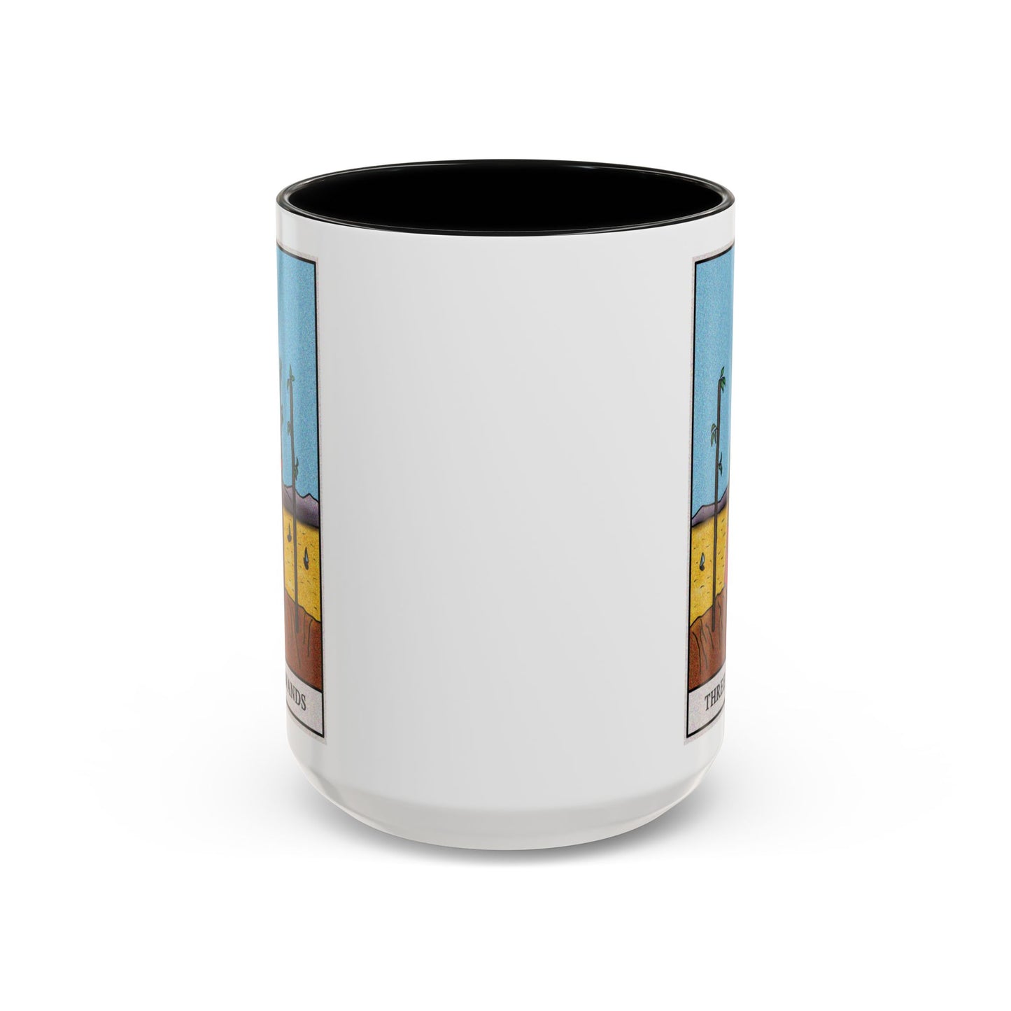 Three of Wands Tarot Card Coffee Mug - Double Sided Black Accent White Ceramic 15oz by TheGlassyLass.com
