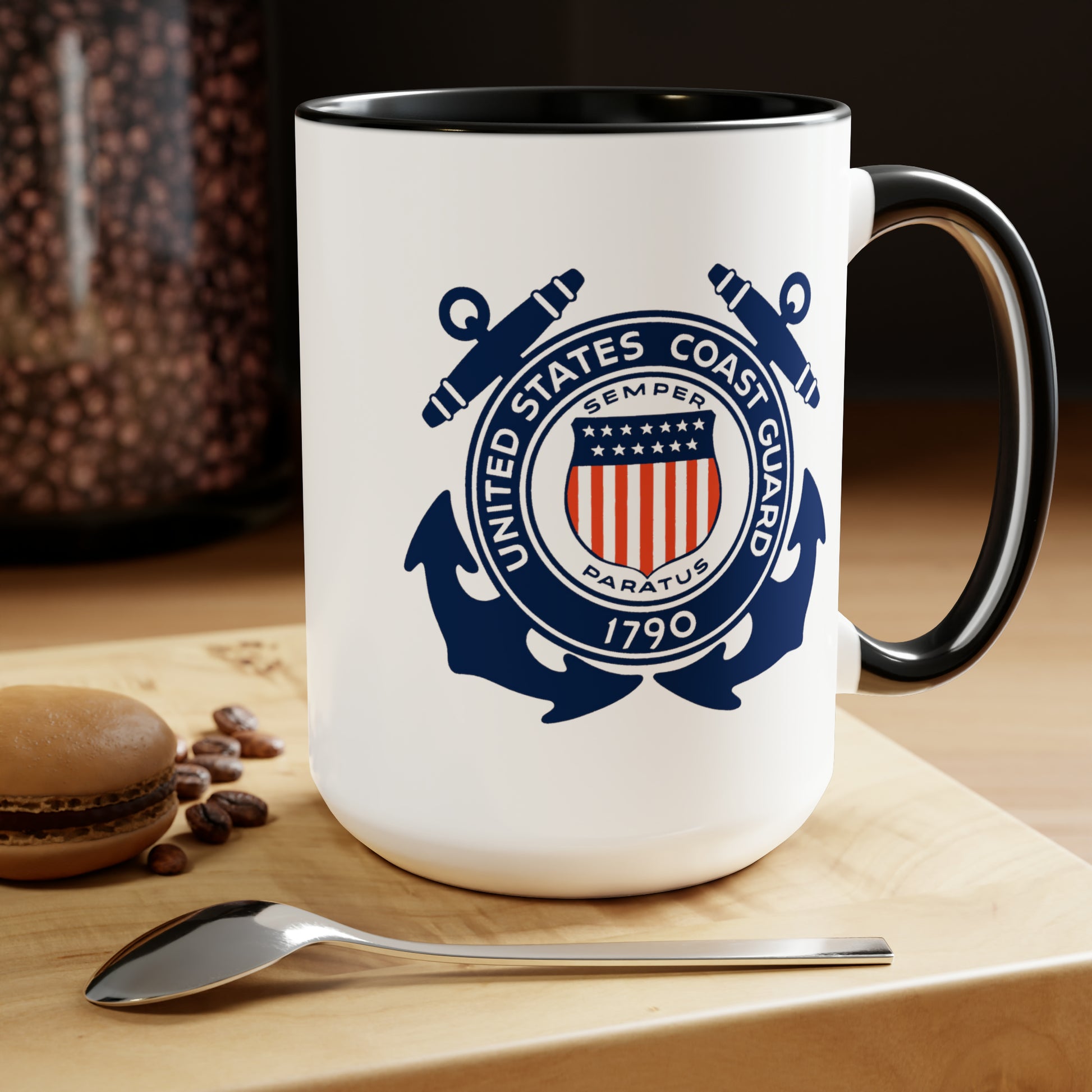 US Coast Guard Coffee Mug - Double Sided Black Accent White Ceramic 15oz by TheGlassyLass.com