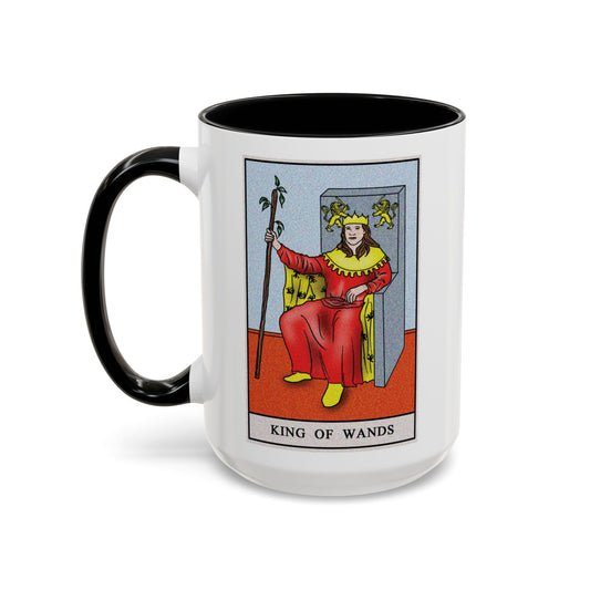 King of Wands Tarot Card Coffee Mug - Double Sided Black Accent White Ceramic 15oz by TheGlassyLass.com