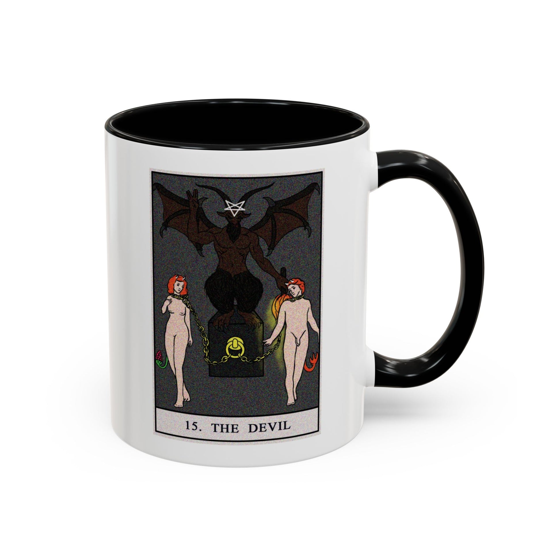 The Devil Tarot Card Coffee Mug - Double Sided Print, Black Accent White Ceramic, 11oz by TheGlassyLass.com