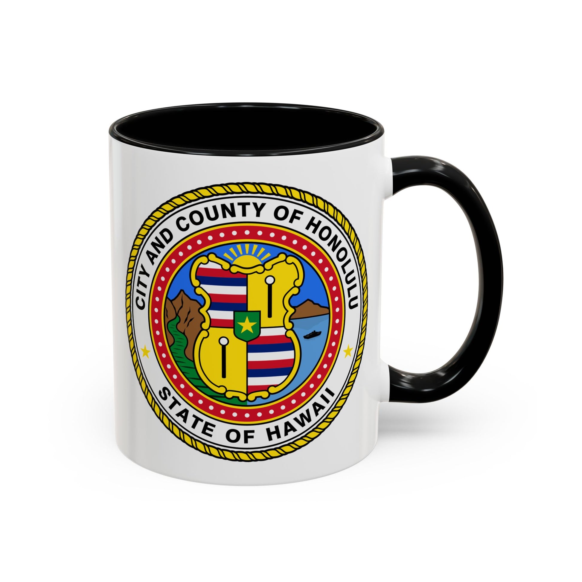 Honolulu City / County Seal Coffee Mug - Double Sided Print, Black Accent White Ceramic, 11oz by TheGlassyLass.com