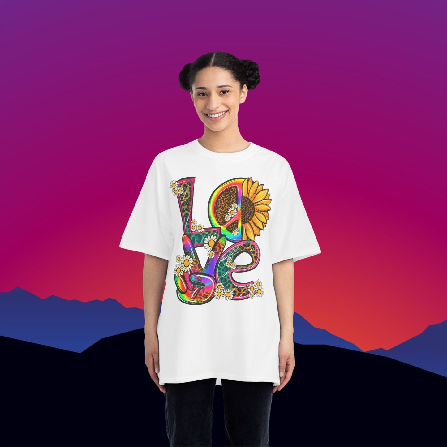 Peace Love & Flower Power T-Shirt: (Hanes Beefy-T 100% Preshrunk Cotton Custom Printed by TheGlassyLass.com