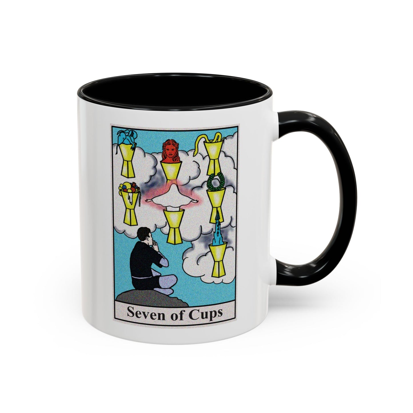 Seven of Cups Tarot Card Coffee Mug - Double Sided Print, Black Accent White Ceramic, 11oz by TheGlassyLass.com