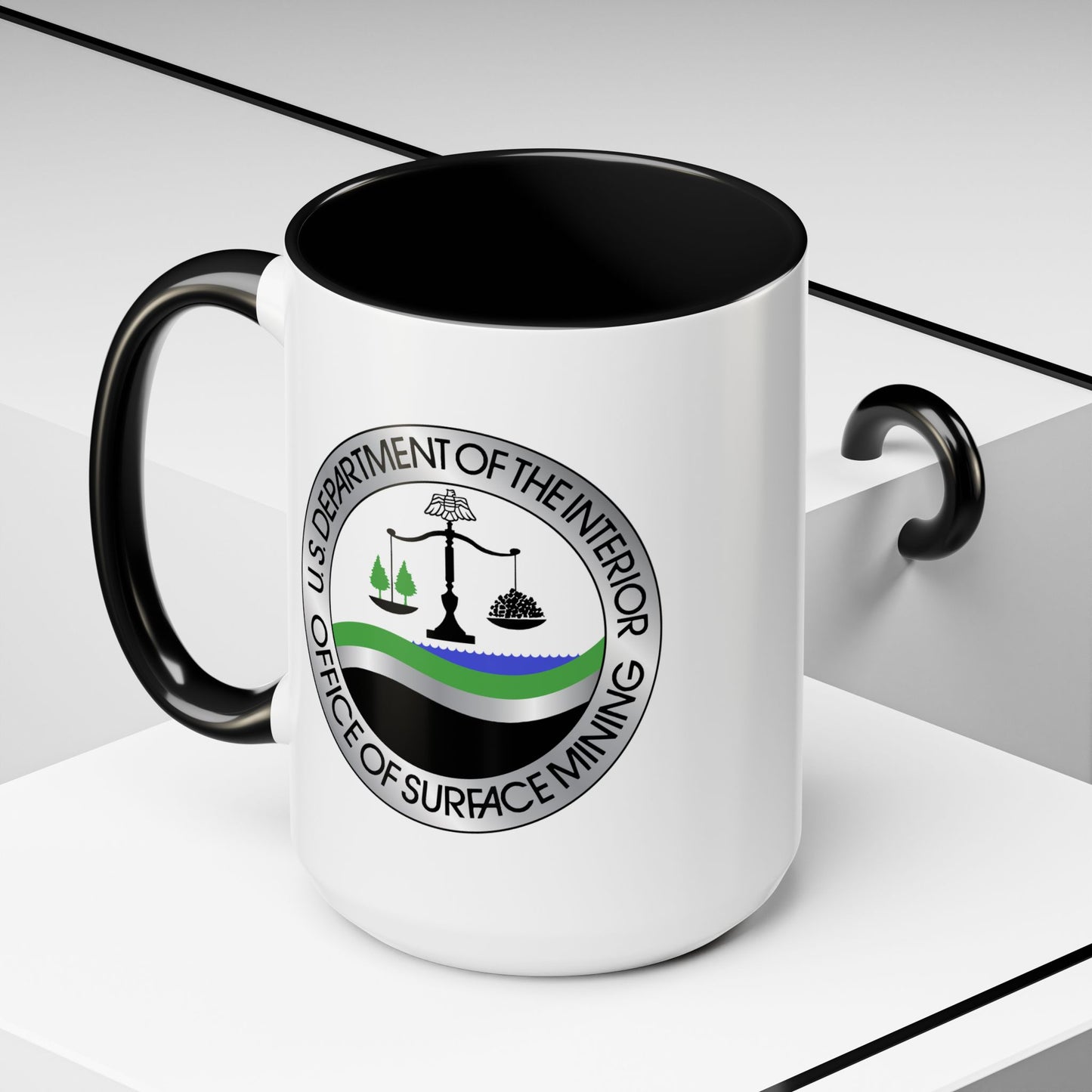 Department of the Interior Office of Surface Mining Seal Coffee Mug - Double Sided Black Accent White Ceramic 15oz by TheGlassyLass.com