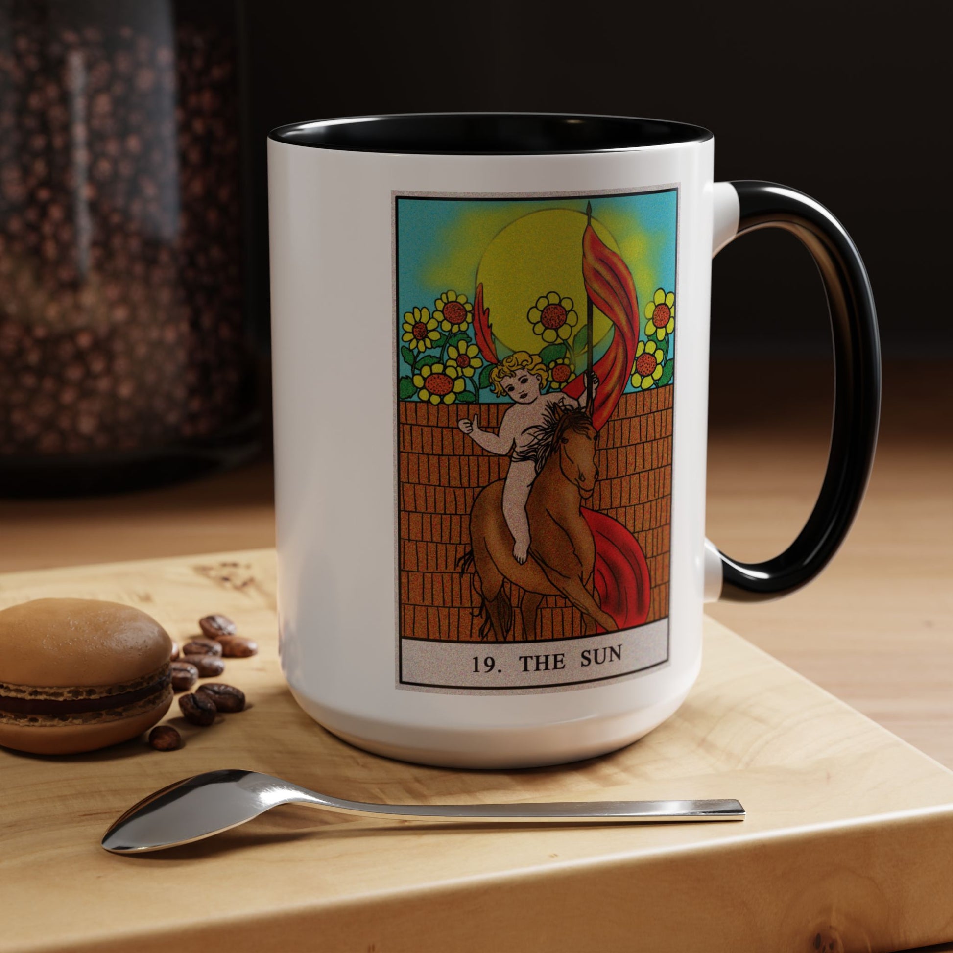 The Sun Tarot Card Coffee Mug - Double Sided Black Accent White Ceramic 15oz by TheGlassyLass.com
