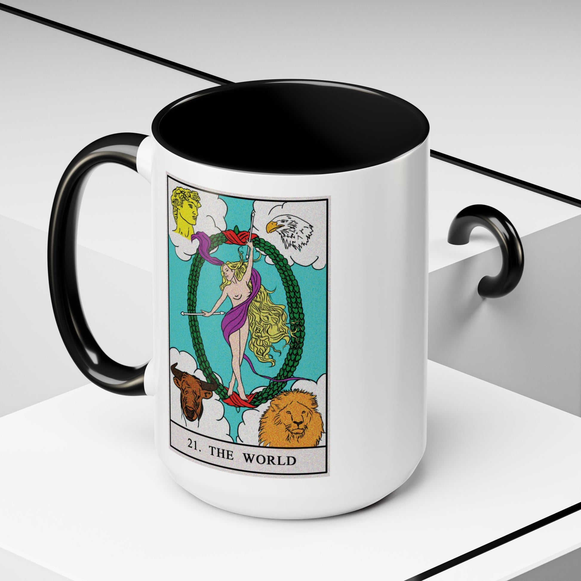 The World Tarot Card Coffee Mug - Double Sided Black Accent White Ceramic 15oz by TheGlassyLass.com