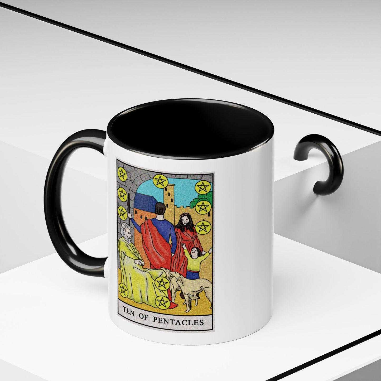 Ten of Pentacles Tarot Card Coffee Mug - Double Sided Print, Black Accent White Ceramic, 11oz by TheGlassyLass.com