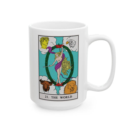 The World Tarot Card Coffee Mug - Double Sided White Ceramic 15oz by TheGlassyLass.com