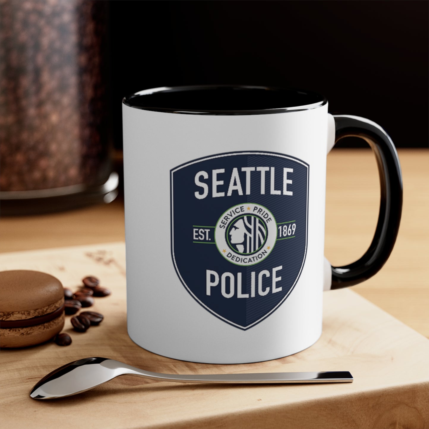 Seattle Police Coffee Mug - Double Sided Black Accent White Ceramic 11oz by TheGlassyLass.com