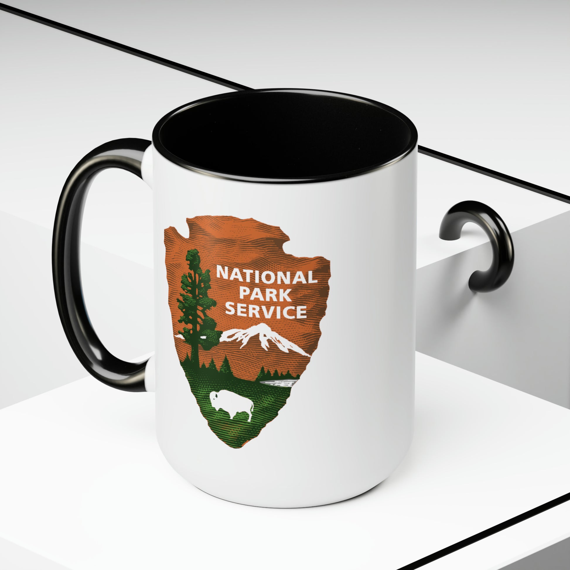 National Park Service Coffee Mug - Double Sided Black Accent White Ceramic 15oz by TheGlassyLass
