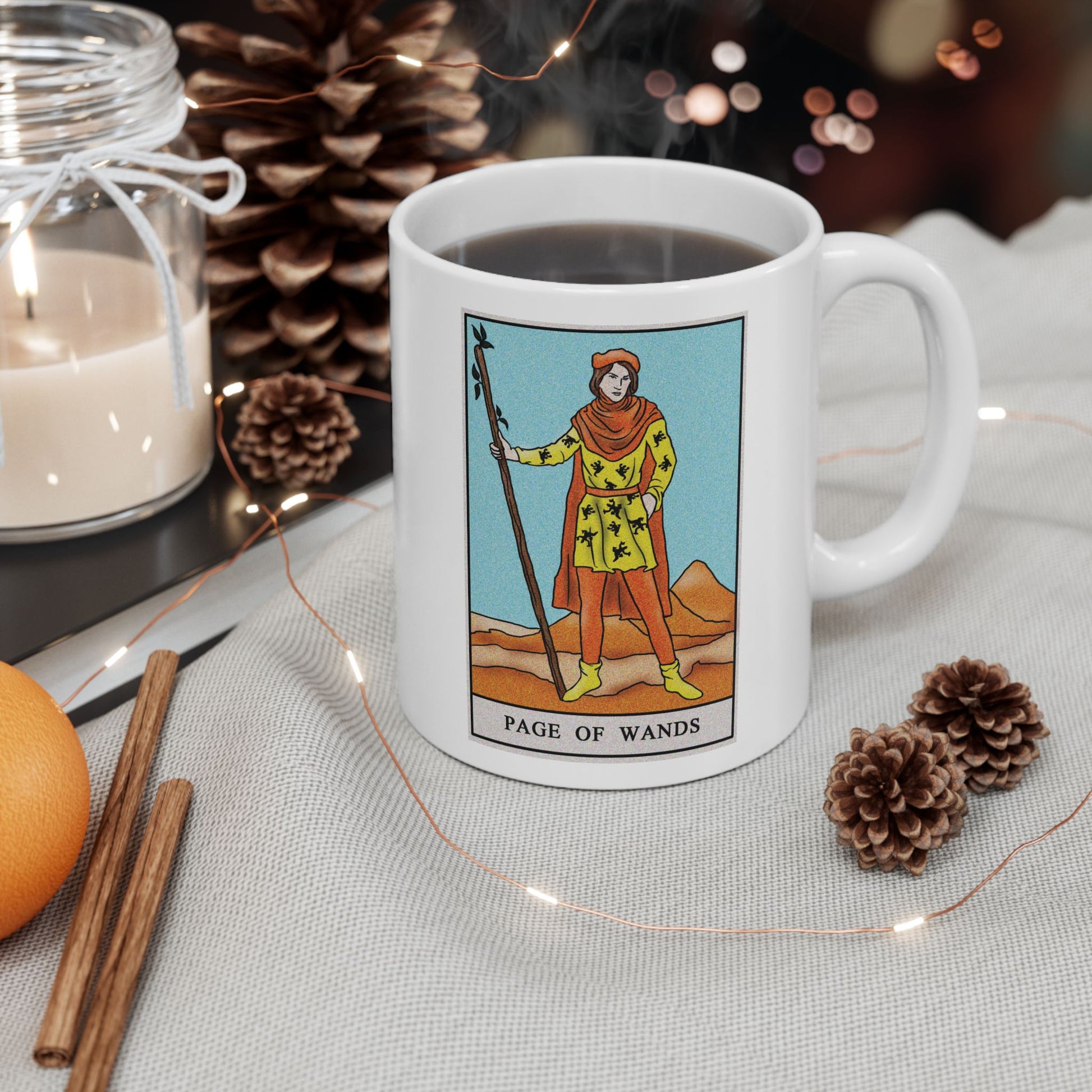 Page of Wands of Wands Tarot Card Coffee Mug - Double Sided Print, White Ceramic, 11oz by TheGlassyLass.com