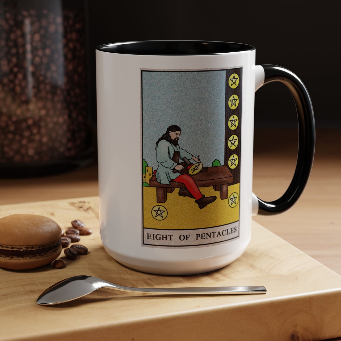 Eight of Pentacles Tarot Card Coffee Mug - Double Sided Black Accent White Ceramic 15oz by TheGlassyLass.com