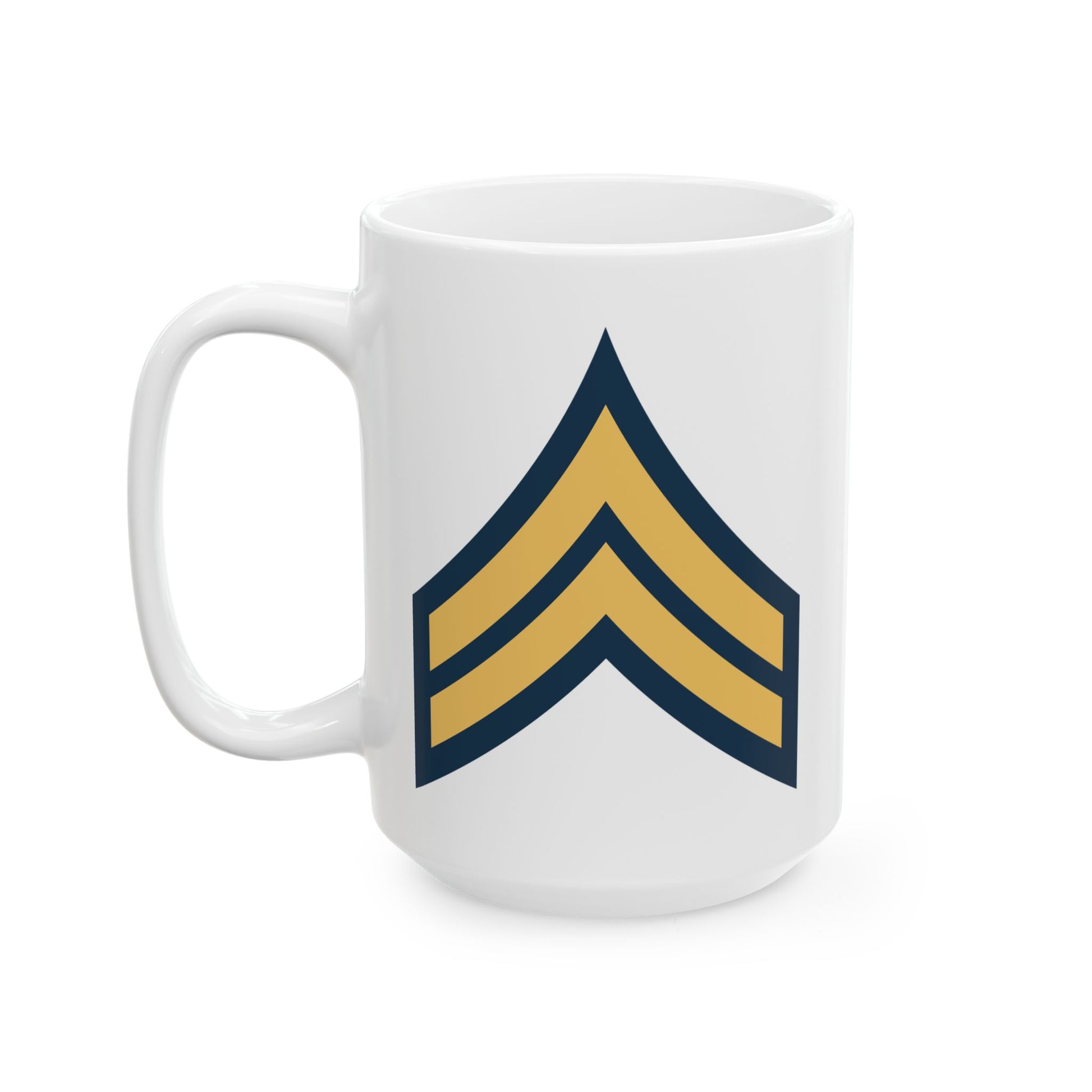 US Army Corporal (E-4) Stripes Coffee Mug - Double Sided Print, White Ceramic, 15oz by TheGlassyLass.com
