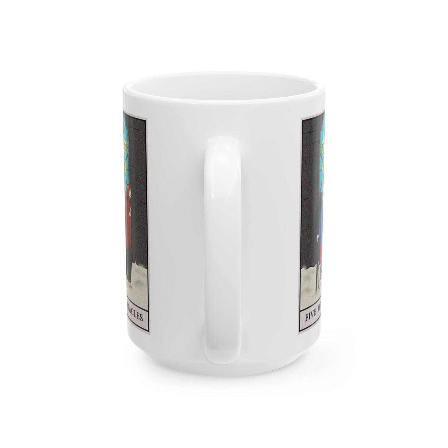 Five of Pentacles Tarot Card Coffee Mug - Double Sided White Ceramic 15oz by TheGlassyLass.com