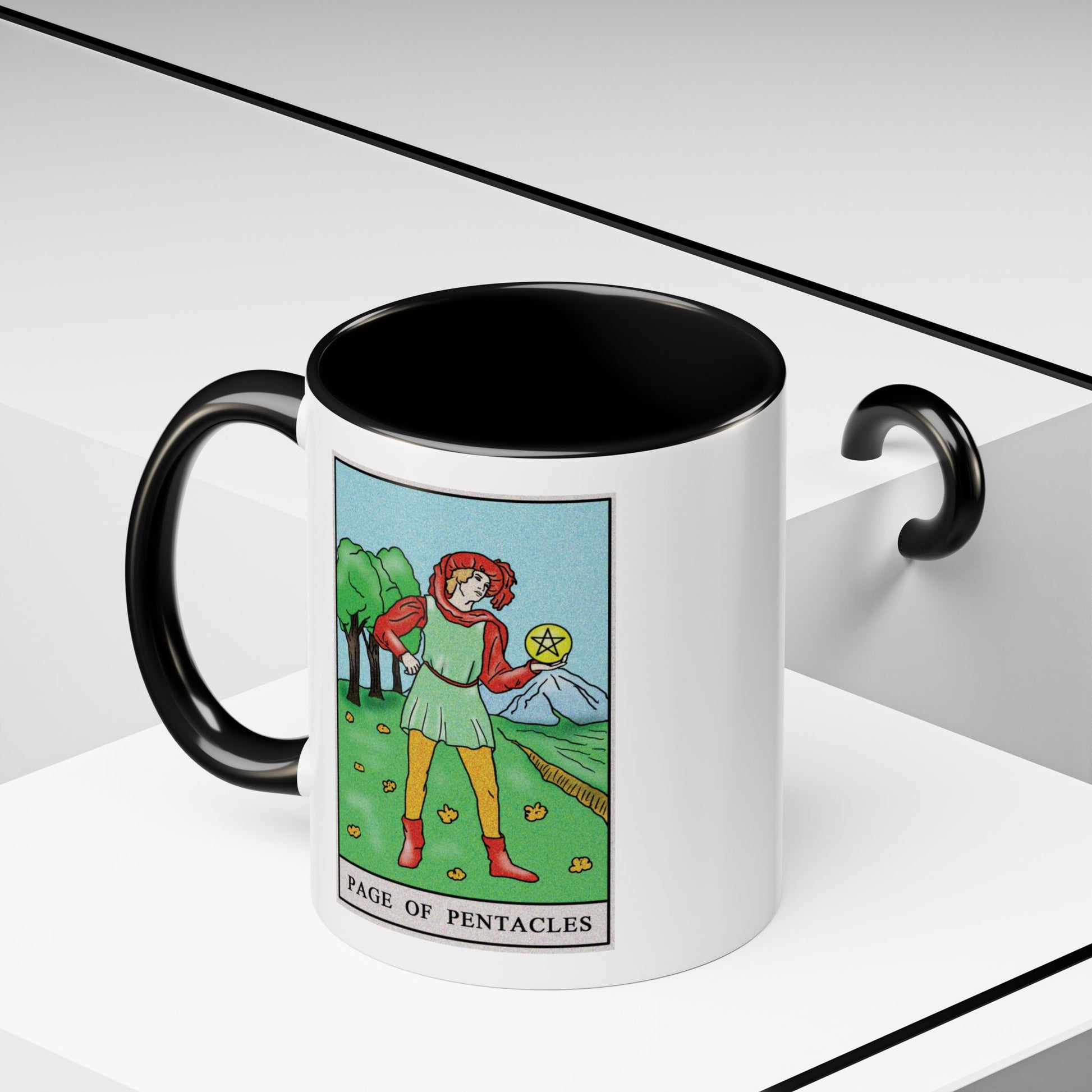 Page of Pentacles Tarot Card Coffee Mug - Double Sided Print, Black Accent White Ceramic, 11oz by TheGlassyLass.com