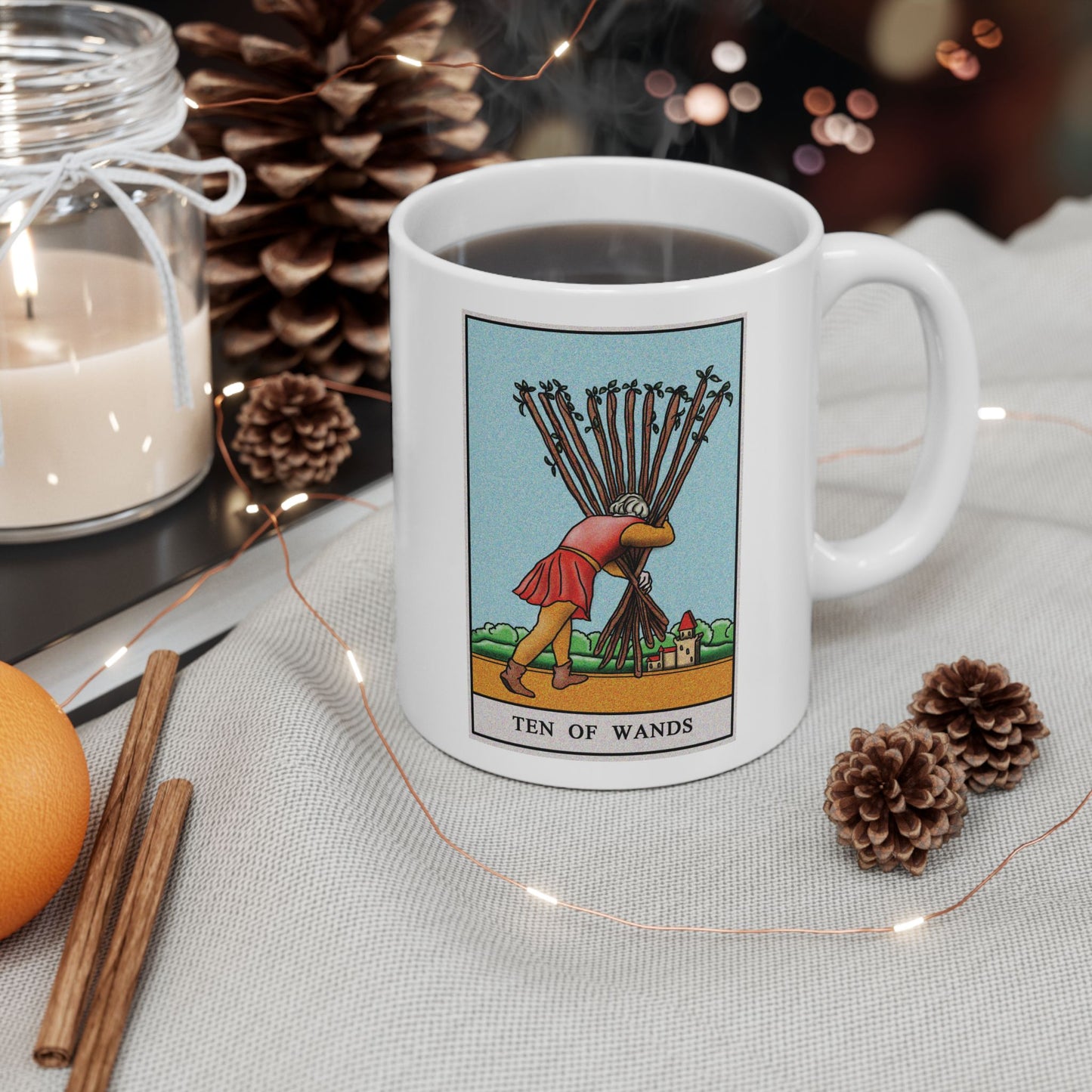 Ten of Wands of Wands Tarot Card Coffee Mug - Double Sided Print, White Ceramic, 11oz by TheGlassyLass.com