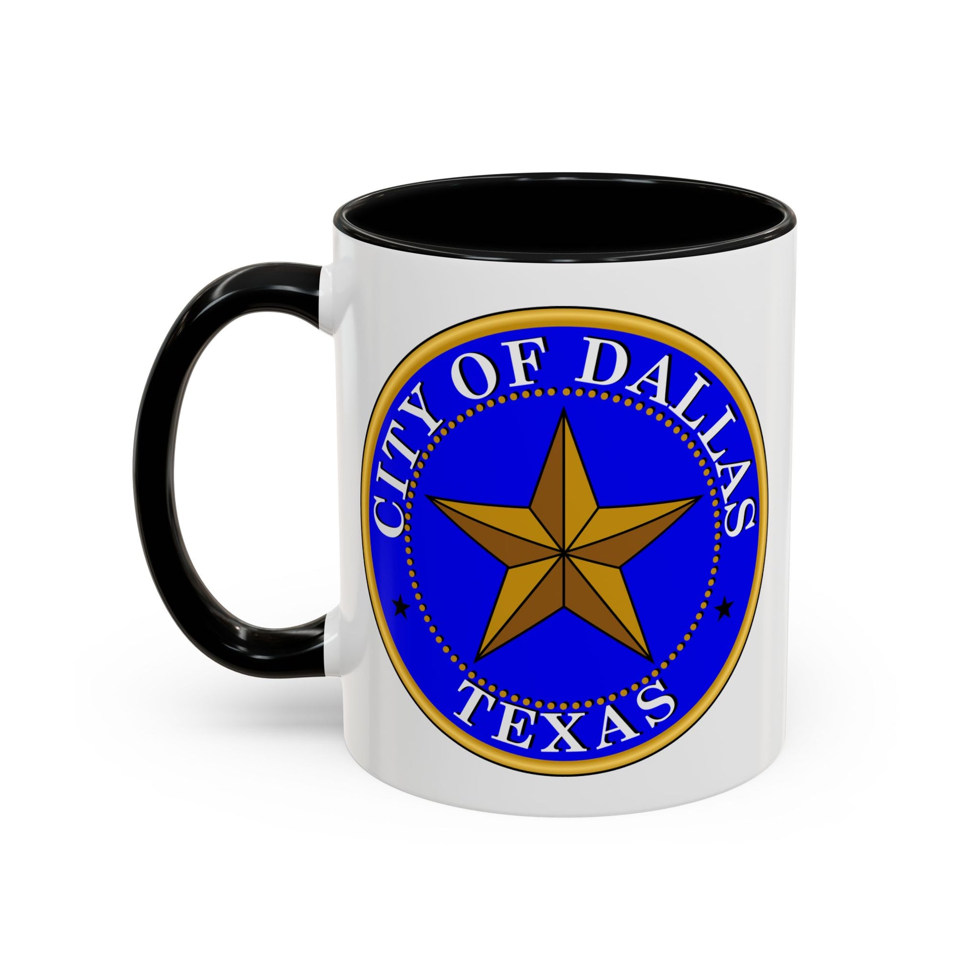 City of Dallas Seal Coffee Mug - Double Sided Print, Black Accent White Ceramic, 11oz by TheGlassyLass.com