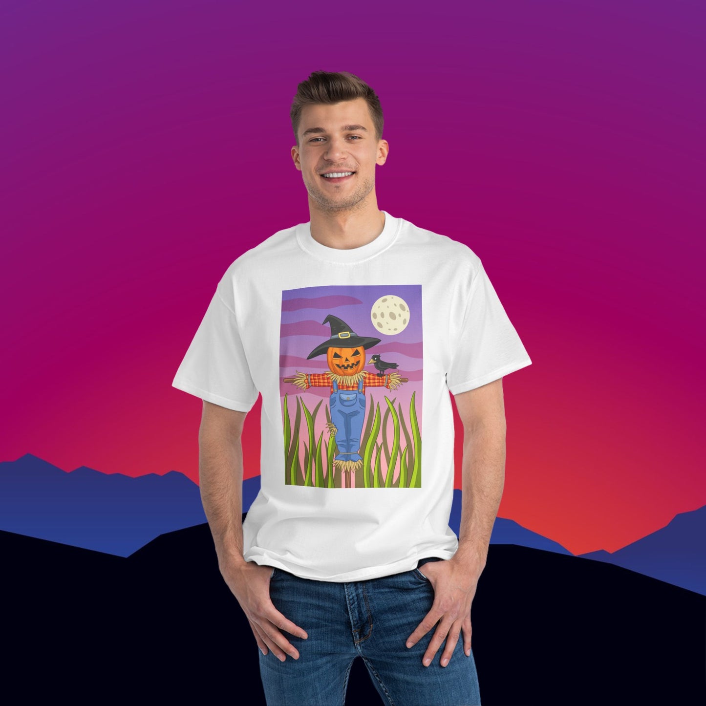 Jack O'Lantern Scarecrow T-Shirt: (Hanes Beefy-T 100% Preshrunk Cotton Custom Printed by TheGlassyLass.com