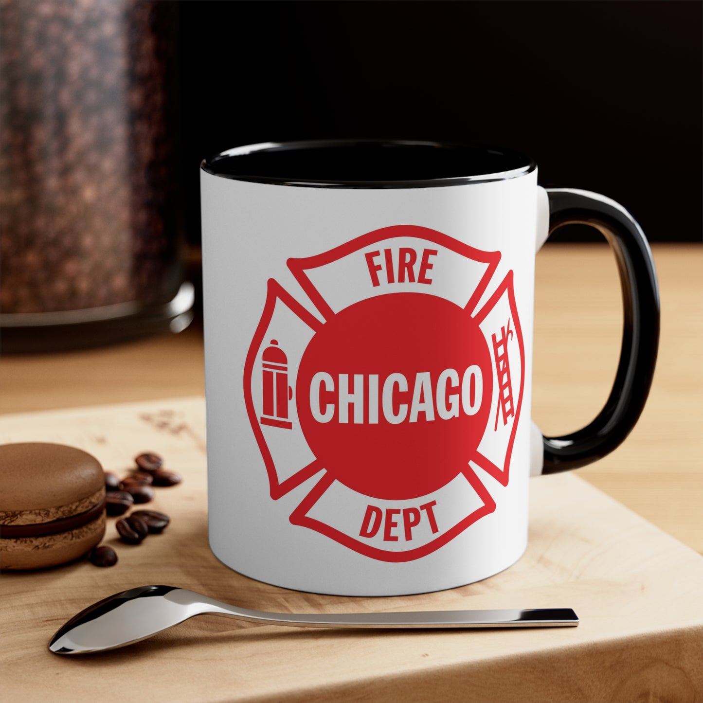 Chicago Fire Department Coffee Mug - Double Sided Print Black Accent Two Tone White Ceramic 11oz by TheGlassyLass.com