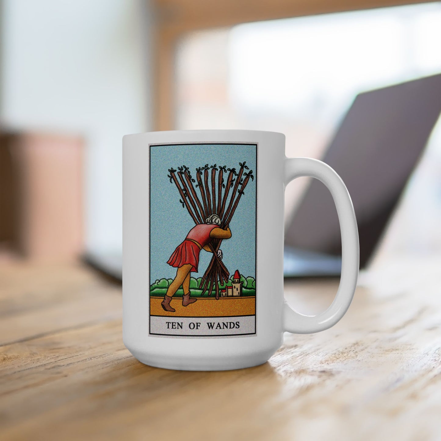 Ten of Wands Tarot Card Coffee Mug - Double Sided White Ceramic 15oz by TheGlassyLass.com