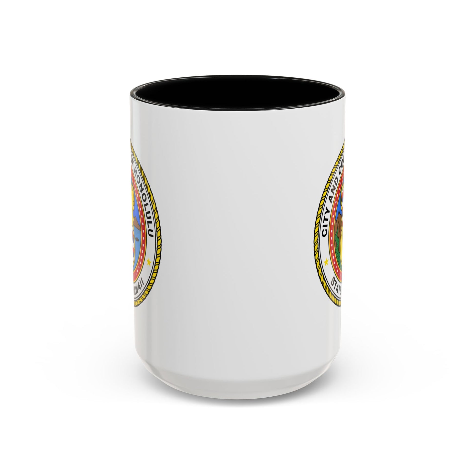 Honolulu City / County Seal Coffee Mug - Double Sided Print, Black Accent White Ceramic, 15oz by TheGlassyLass.com
