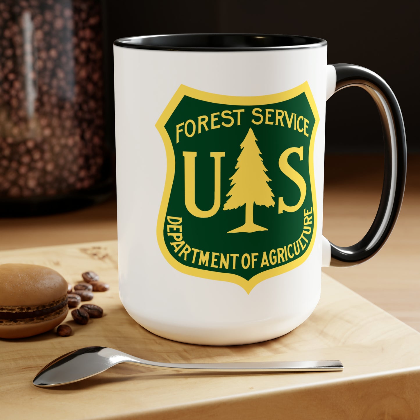 Forest Service Coffee Mug - Double Sided Black Accent White Ceramic 15oz by TheGlassyLass